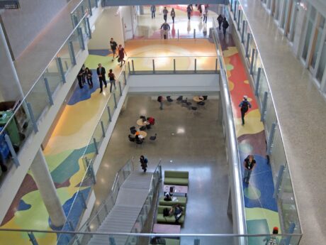 View of the artistic terrazzo in the architectural context of several open floors
