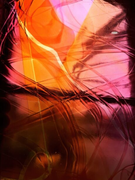 Painterly, watercolor stained glass detail with layered color and gesture, contemporary liturgical glass technique