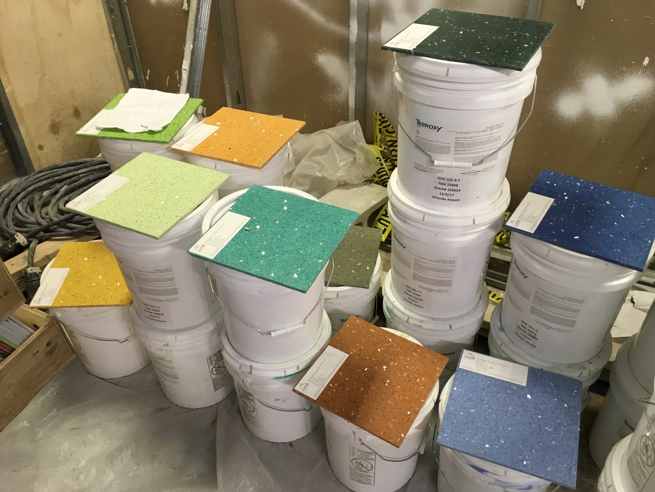 A selection of terrazzo color samples and epoxies for the Orlando International Airport.