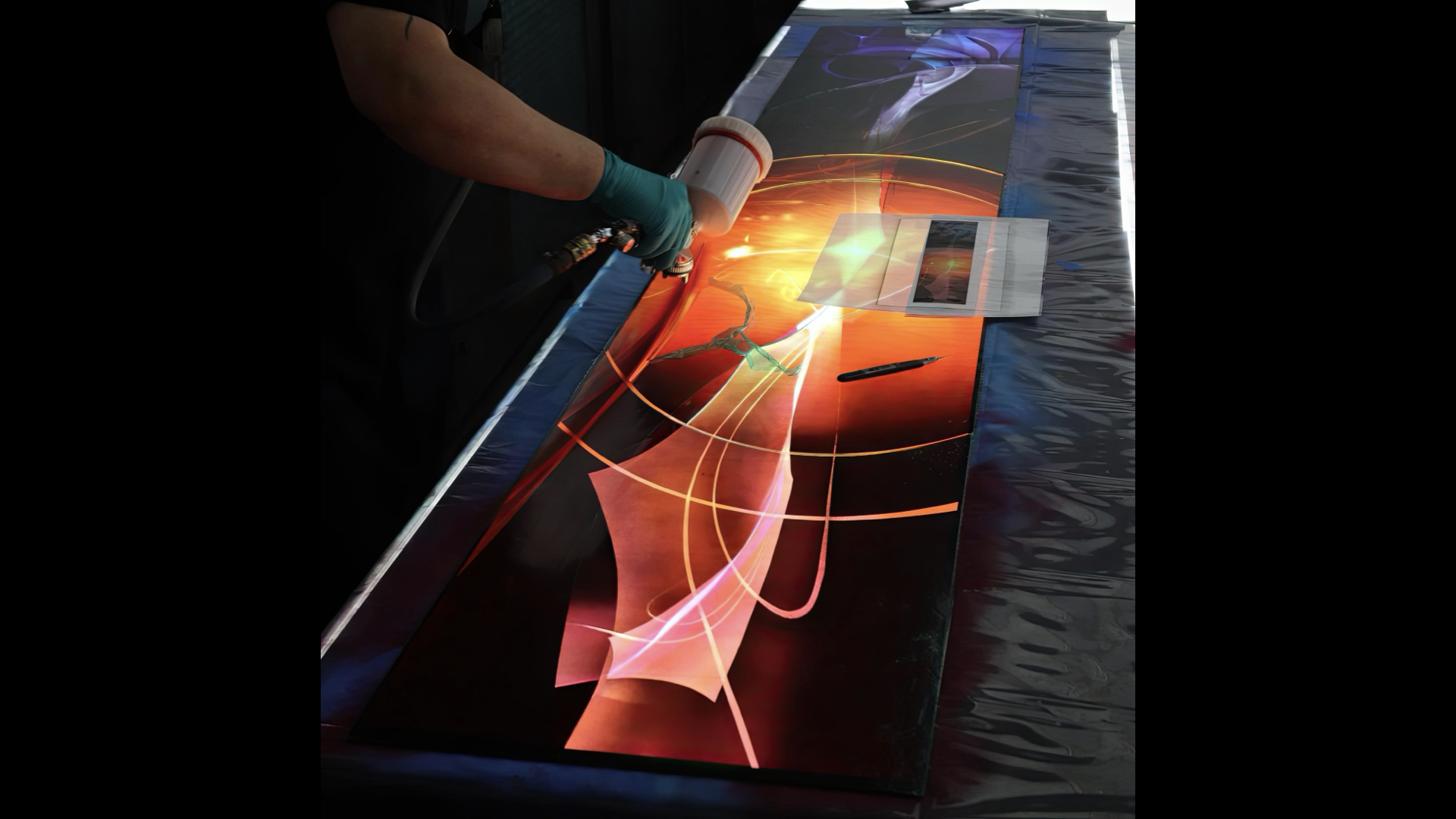 The painting of the Sister Death window in progress at Deri Glasstudios