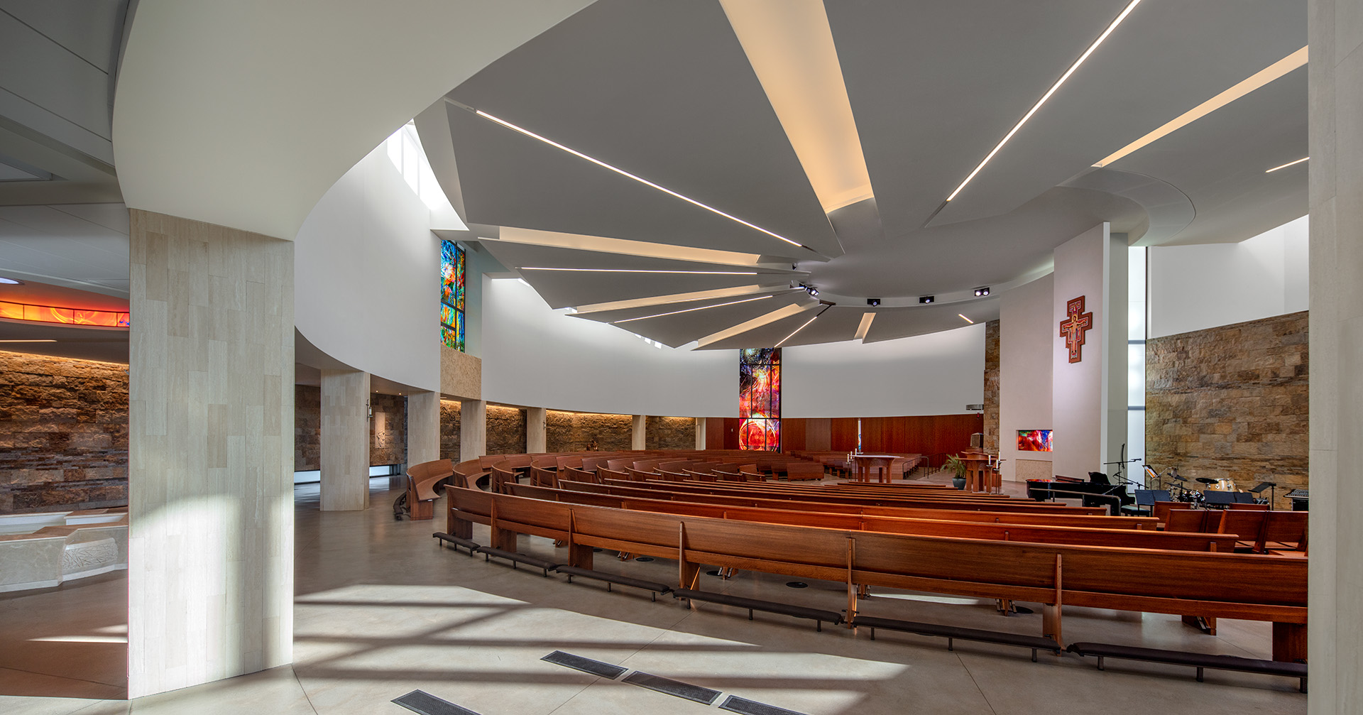 Architectural context for a contemporary stained glass new church construction